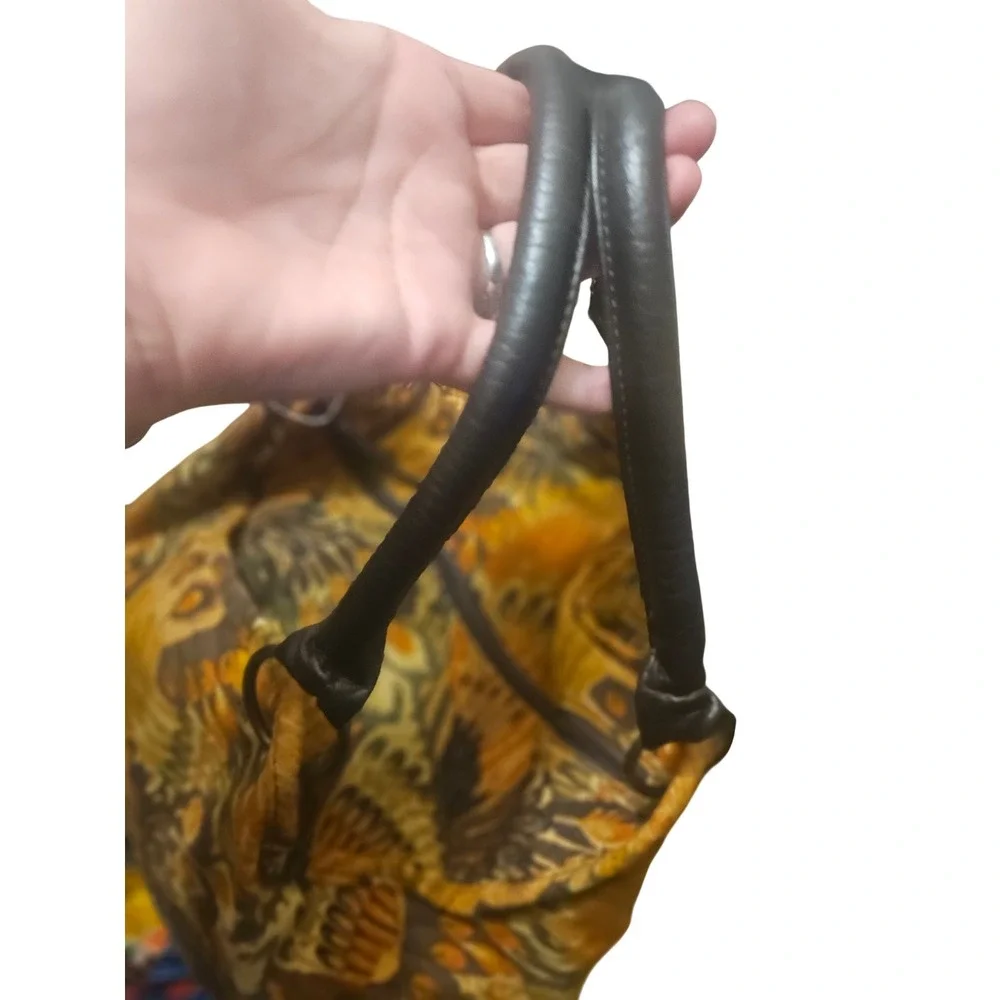 Peacock Feather Print Hobo Bag Orange Brown Tapestry Shoulder Tote